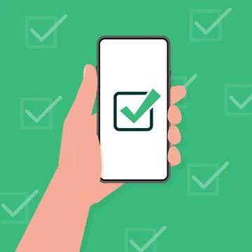 Hand holding a tablet. Using digital tablet pc. Empty screen. Approved choice Illustrazione stock