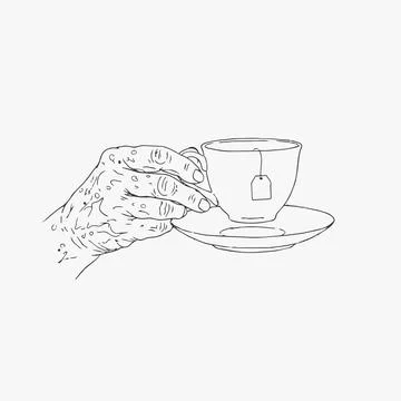Hand holding tea cup with tag on white background, line art style Silhouette 库存插图
