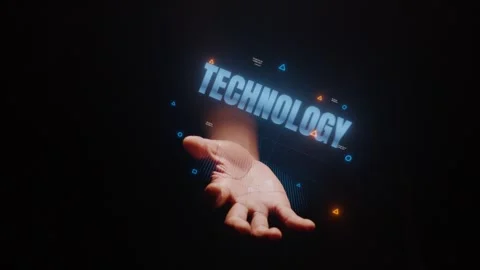 Hand Holding Technology Text Name Futuristic Digital Effects on Dark Background Vídeos de archivo 296170945