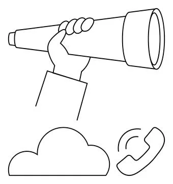 Hand holding a telescope, cloud shape, and phone with waves indicating call.  イラスト素材