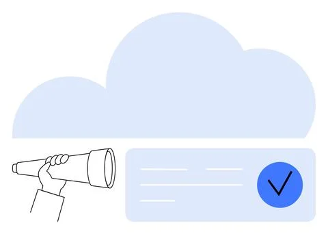 Hand Holding Telescope Over Cloud and Document with Blue Check Mark Stock Illustration