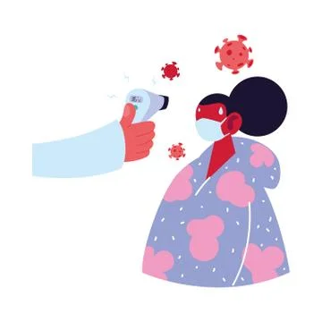 Hand holding thermometer gun checking woman temperature vector design Stock Illustration