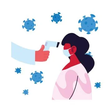 Hand holding thermometer gun checking woman temperature vector design Stock Illustration