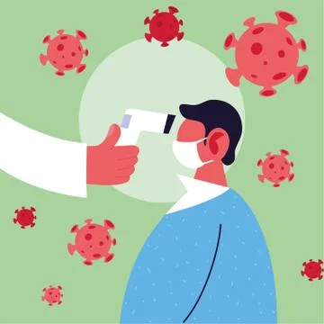 Hand holding thermometer gun checking man temperature vector design Stock Illustration