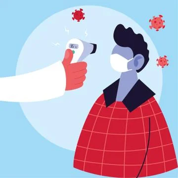 Hand holding thermometer gun checking man temperature vector design Stock Illustration