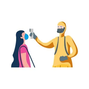 Hand holding thermometer gun checking woman temperature vector design Stock Illustration