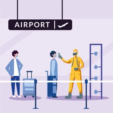 Hand holding thermometer gun checking man temperature at airport vector design Stock Illustration