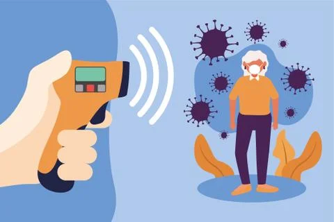 Hand holding thermometer gun checking woman temperature vector design Stock Illustration