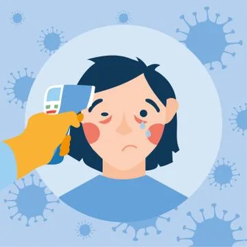 Hand holding thermometer gun checking woman temperature vector design Stock Illustration