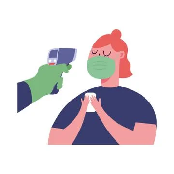 Hand holding thermometer gun checking woman temperature vector design Stock Illustration