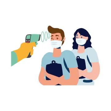 Hand holding thermometer gun checking man and woman temperature vector design Stock Illustration