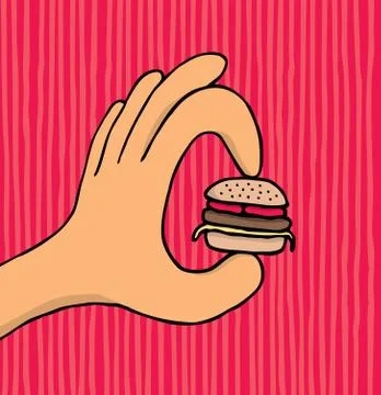 Hand holding tiny hamburger Stock Illustration