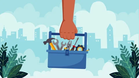 Hand Holding Toolbox with Repair Tools in Urban City Background 스톡 동영상 331979409