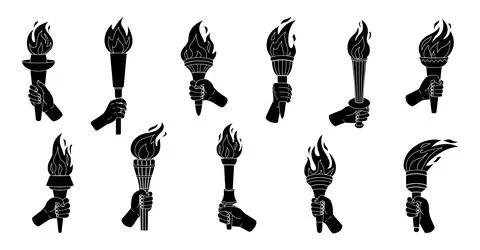 Hand holding a torch. Silhouette vector set. 库存插图