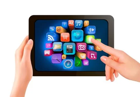 Hand holding touch pad pc and finger touching it's screen with icons. vector Stock Illustration