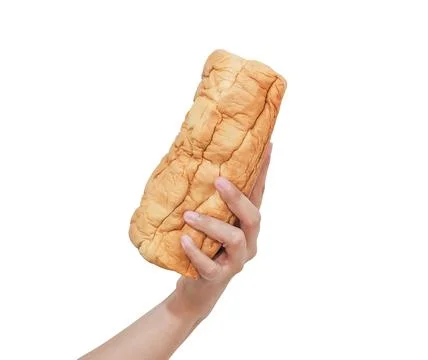 Hand holding tower bread isolated on white background with clipping path Foto stock