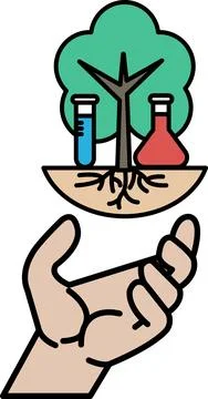 A hand holding a tree with a bottle of blue liquid and a bottle of red liquid 스톡 일러스트