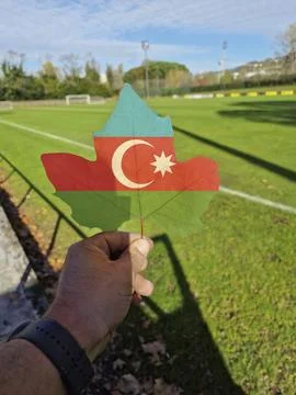 Hand holding a tree leaf with the flag of Azerbaijan Stock Photos