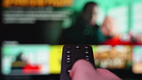 Hand Holding the TV Remote Control Surfing Smart Television and then Turn off Video stock 316664444