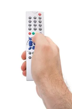 Hand holding a tv remote control isolated on white. Stock Photos