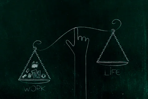 Hand holding  unbalanced scale plates with one side full of work and the life Stock Illustration