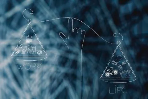 Hand holding unbalanced scale plates with more life than work with icons Stock Illustration