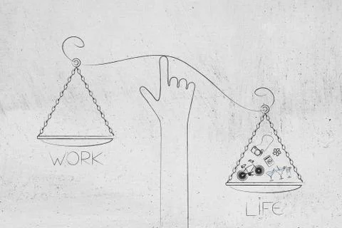 Hand holding unbalanced scale plates with life side being full and work side  Stock Illustration