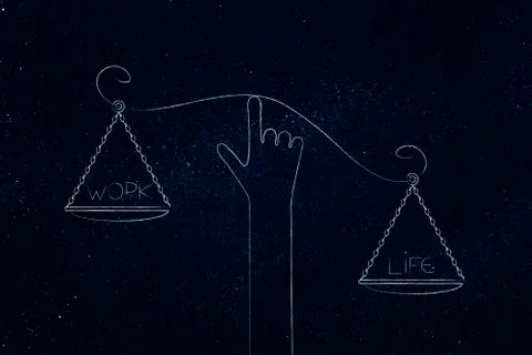 Hand holding unbalanced scale plates with more life than work with texts only Stock Illustration