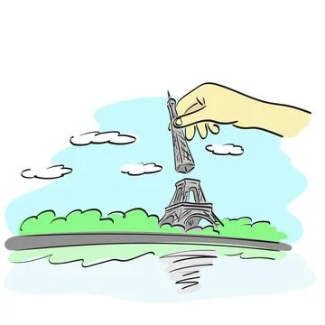 Hand holding upper part of eifel tower illustration vector hand drawn Stock Illustration