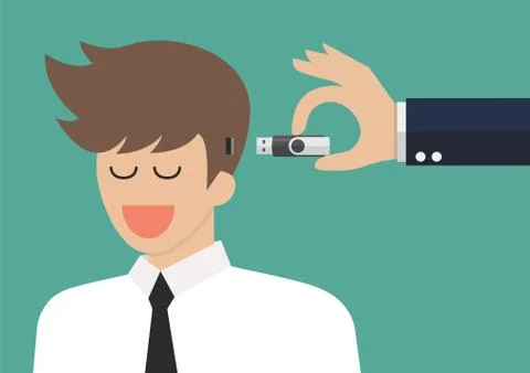 Hand holding usb flash drive to connect other businessman head Stock Illustration