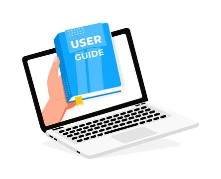 Hand holding user guide book coming out of laptop screen 스톡 일러스트