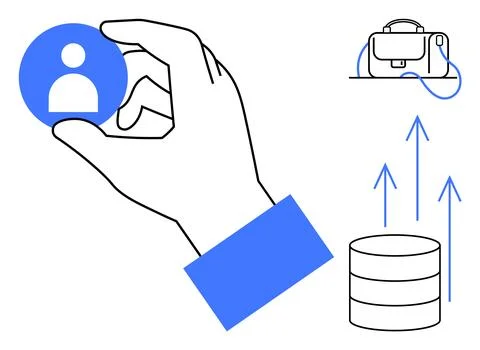 Hand holding user profile icon, briefcase, upward arrows, and data stack. Ide Stock Illustration