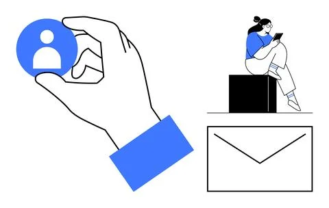 Hand holding user profile icon, person sitting on a block using a tablet, and イラスト素材