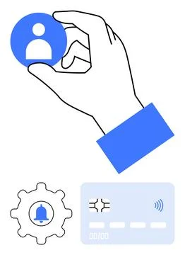 Hand holding user profile icon, gear with notification bell, and credit card  イラスト素材