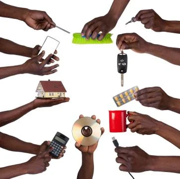 Hand holding various objects isolated on white Stock Photos