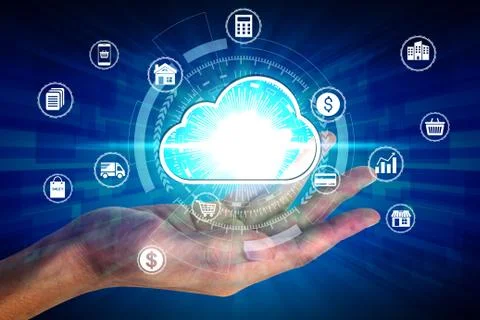 Hand holding with virtual cloud computing icon over the Network connection, C Stock Photos