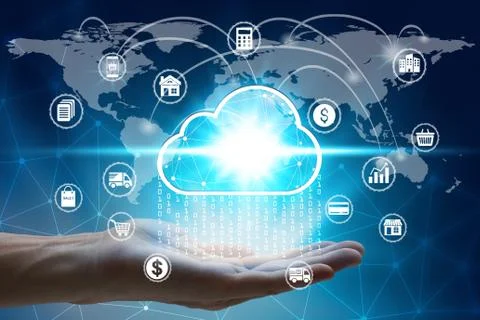 Hand holding with virtual cloud computing icon over the Network connection, C Foto stock