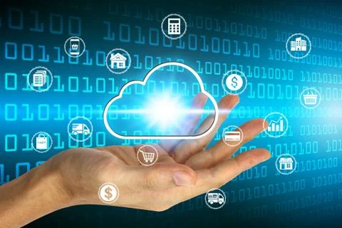 Hand holding with virtual cloud computing icon over the Network connection, C Stock Photos