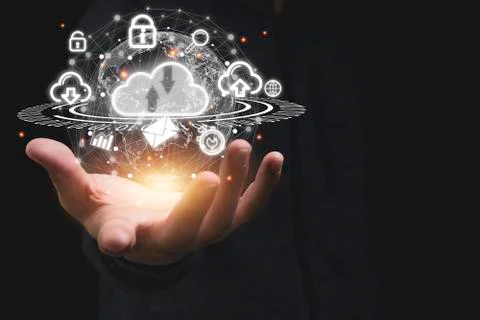 Hand holding virtual cloud computing with world and technology item Stock Photos