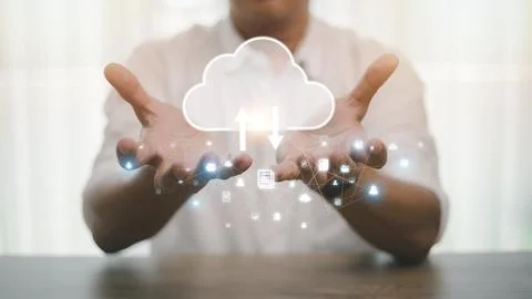 Hand holding virtual cloud computing with world and technology item such as.. Fotos Stock