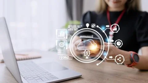 Hand holding virtual cloud computing with world and technology item such as.. Fotos Stock