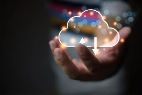 Hand holding virtual cloud computing technology. Cloud technology managemen.. Fotos Stock