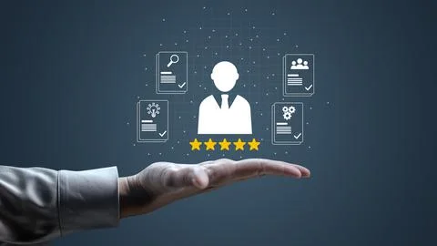 Hand holding a virtual icon representing employee performance review, talen.. Stock Photos