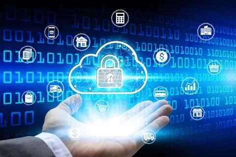 Hand holding with virtual padlock icon over the Network connection, Cyber Sec Stock Photos