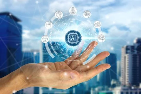 Hand holding with virtual screen Artificial Intelligence technology icon over 스톡 사진