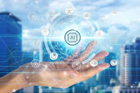 Hand holding with virtual screen Artificial Intelligence technology icon over 스톡 사진