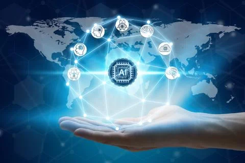 Hand holding with virtual screen Artificial Intelligence technology icon over Foto stock