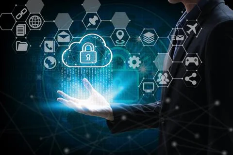 Hand holding with virtual screen cloud computing and Interface Icons global n Stock Photos