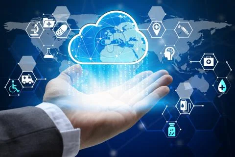 Hand holding with virtual screen cloud computing and medical and health care  Stock Photos