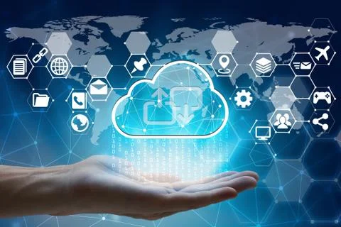 Hand holding with virtual screen cloud computing and Interface Icons global n Stock Photos